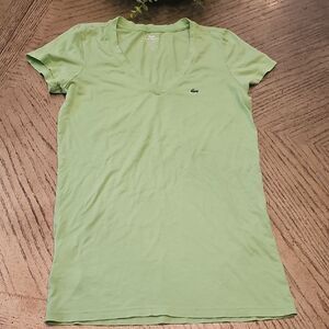 Lacoste Women's Light Green V-Neck Tee Size 38